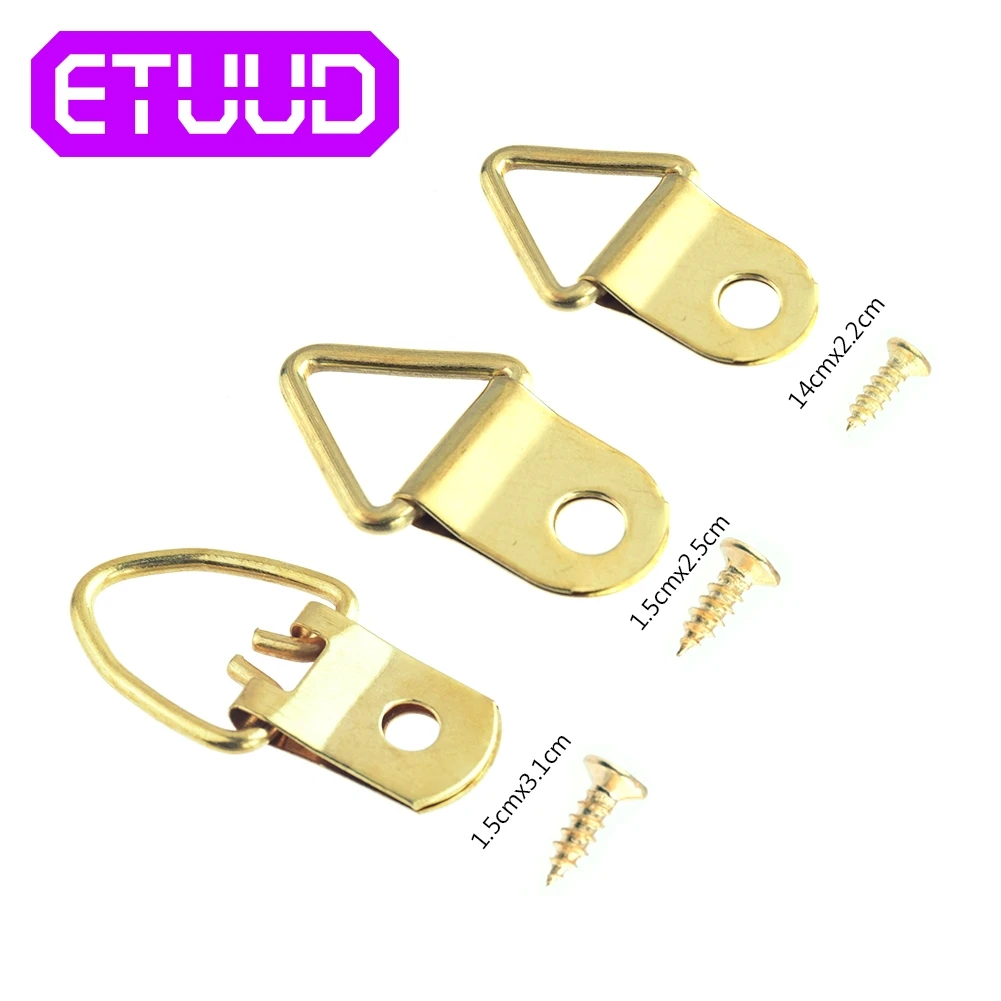 

50Pcs Golden Triangle D-Ring Strap Hanger Hanging Photo Wall Hook with Screws Oil Painting Mirror Picture Frame Art Hanger Work