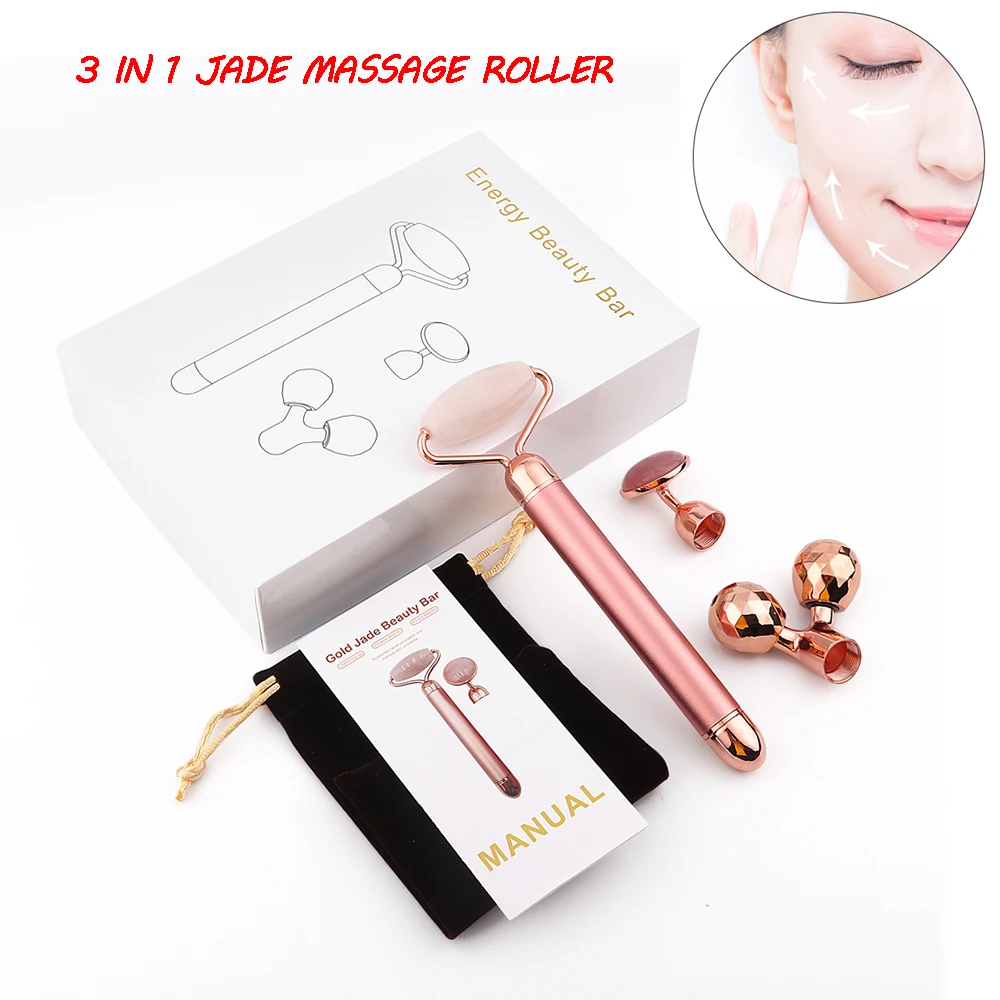 

3 In 1 Electric Jade Roller Lifting Vibrating Slimming Face Massage Natural Rose Quartz Jade Roller Stone Facial Beauty Tool