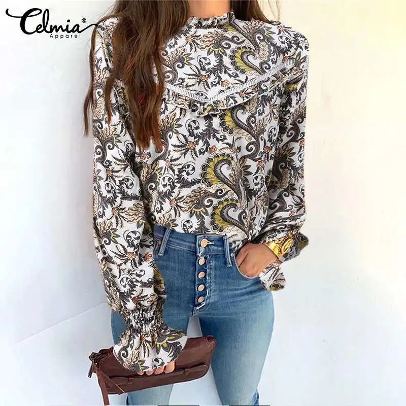 

Celmia Folds Stitched Women's Blouses Casual Long Puff Sleeve Shirring Cuff Floral Printed Blusas Vintage 2022 Fashion Tunic Top