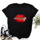 ZOGANKIN, модная женская Повседневная футболка с красными губами, с коротким рукавом, черные футболки, женские летние креативные топы на молнии с губами
