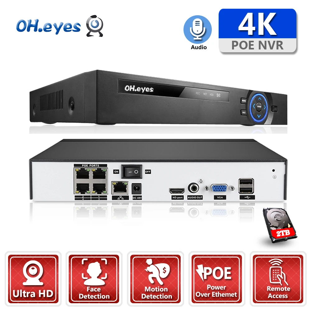 

Система распознавания лиц, 4 канала, 4K, POE, NVR, H.265, сетевой видеорегистратор, 2 жестких диска, записывающая IP камера, P2P