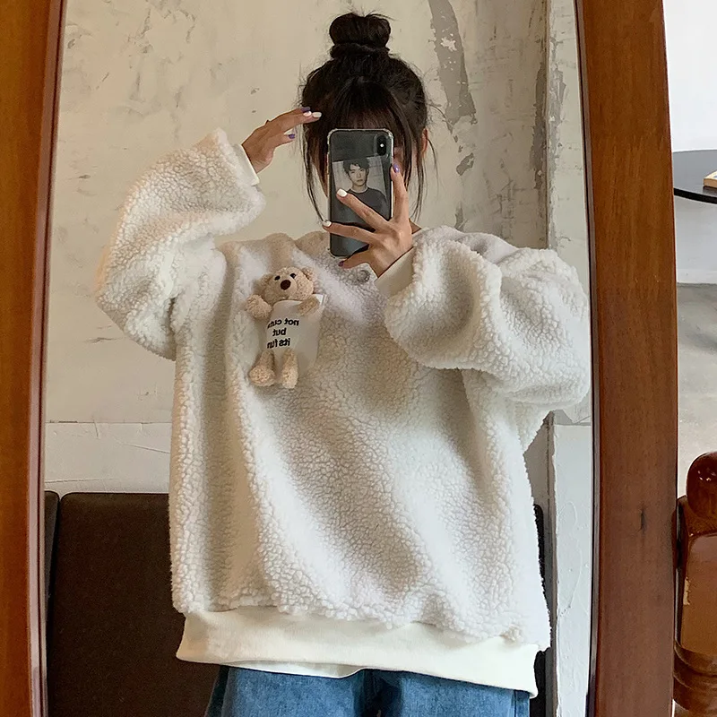 

Women Autumn Winter Kawaii Hoodies Soft Lambswool Loose Long Sleeve Pullovers Korean Tops Fashion Streetwear Bear Doll Free