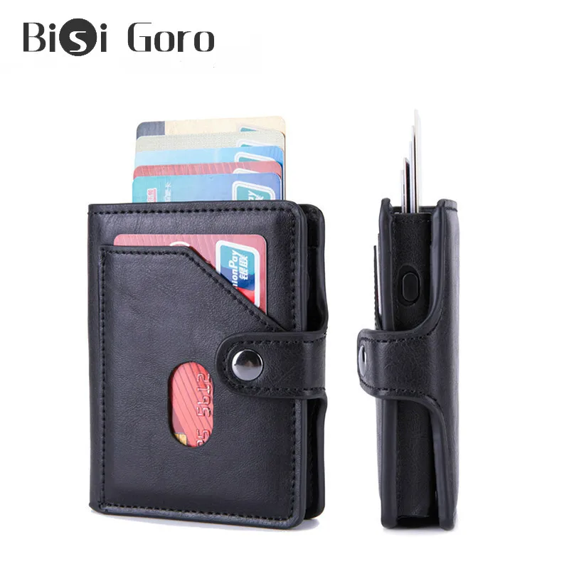 

Bisi Goro PU Leather Credit Card Holder Business Men Metal Aluminum RFID Wallet Automatic Pop-up Anti-theft Purse