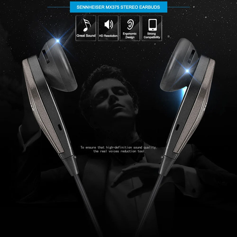 Оригинальные стереонаушники Sennheiser MX375 с глубокими басами, наушники 3,5 мм, гарнитура, Спортивная гарнитура с HD разрешением, музыка для iPhone, Android