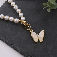 korean imitation pearl beaded choker necklace sweet rhinestone crystal butterfly pendant necklace for women girls jewelry