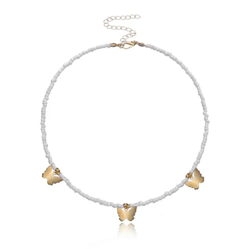 

New Sweet Butterfly Pendant Necklace White Acrylic Boho Beaded Clavicle Necklaces for Women Girls Jewelry