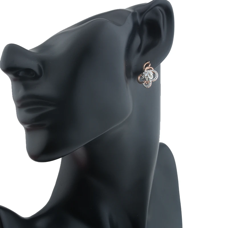 Женские серьги подвески с фианитами FJ белыми цветами и цвет под золото 585 пробы 2