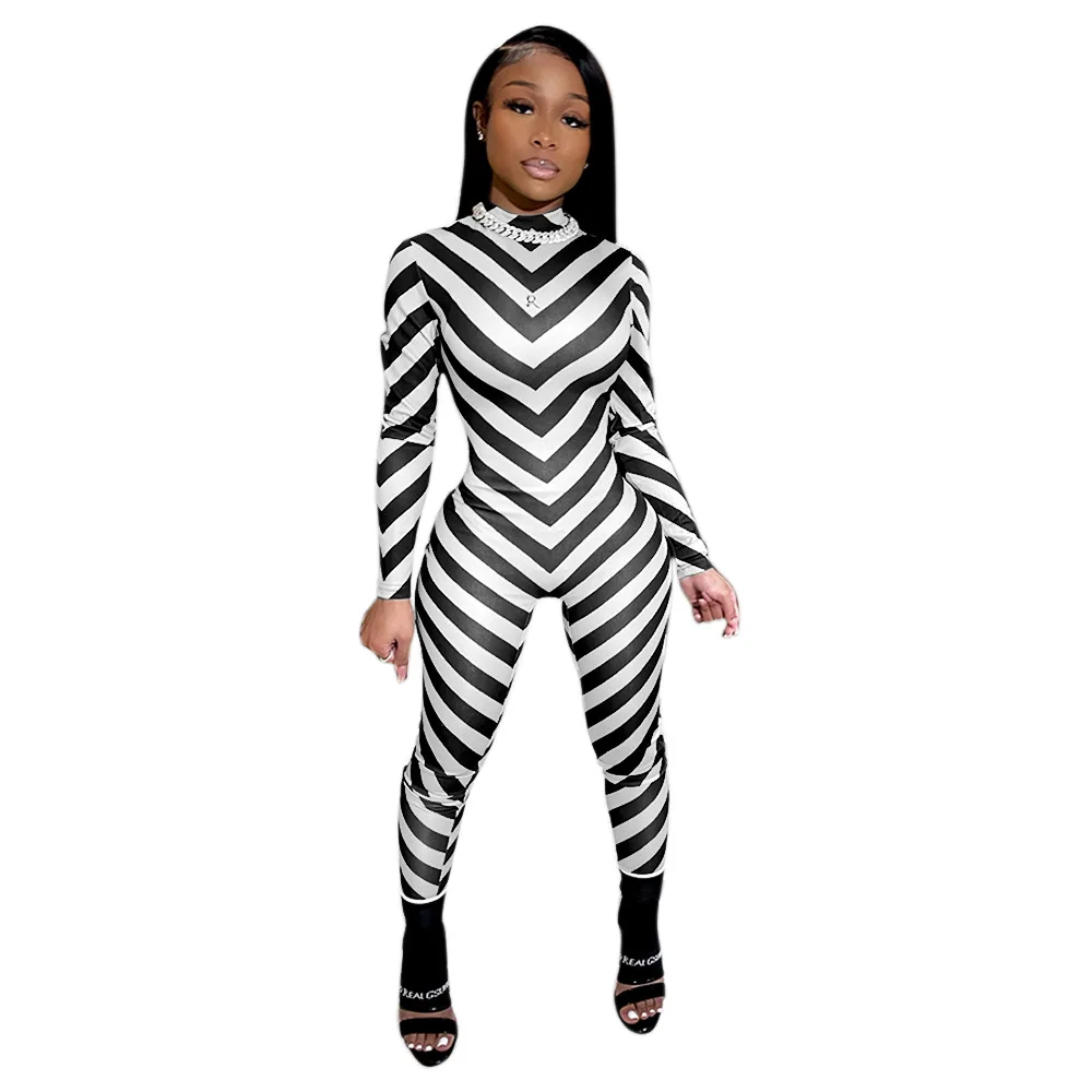 

Hot Sale Stripes Party Club Women Jumpsuits Turtleneck Long Sleeves Fashion Nightclub Charming Sexy Lady Skinny Rompers 2021