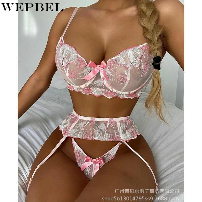 

Женское модное Кружевное облегающее нижнее белье WEPBEL с бантом, сексуальные сетчатые трусы с вышивкой и V-образным вырезом, Женский комплект