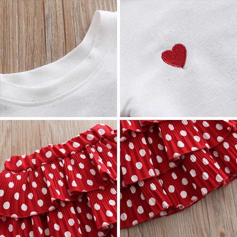 

Girls Casual Clothes Set 2021 New Summer Children Clothing Back Heart Hollow T-shirt+Dot Skirt Outfits Baby Princess Vestidos