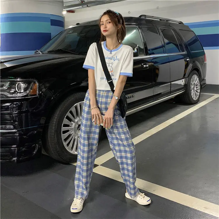 

One piece / suit spring and summer new Korean student loose short T-shirt plaid pants casual wide leg pants two piece set