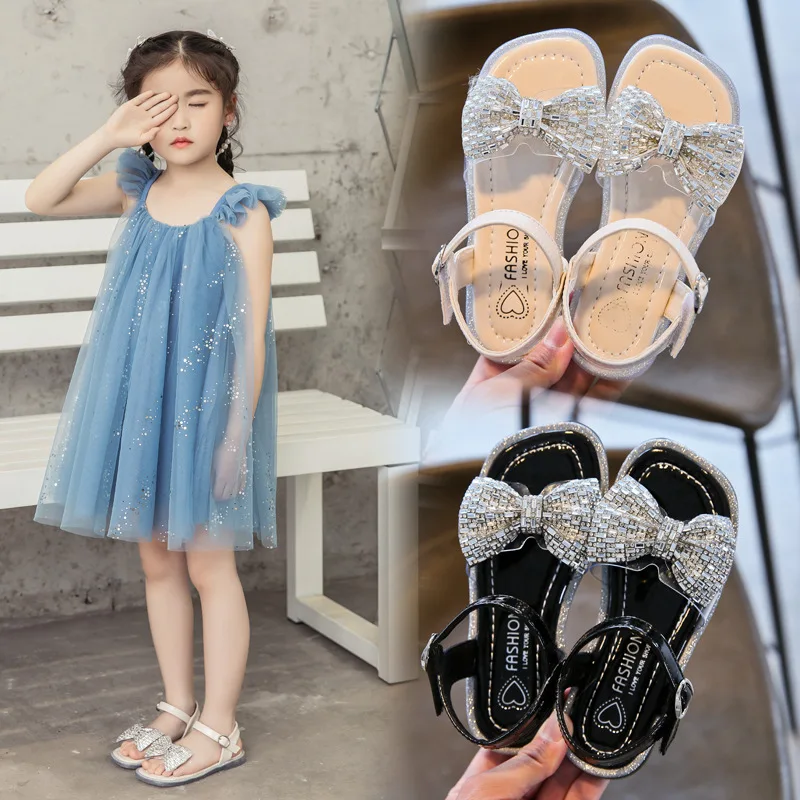 

2021 Summer Girls Sandals Children Sequins Bowknot Princess Shoes Soft Bottom Comfortable Students Shoes Kids Beach Sandals