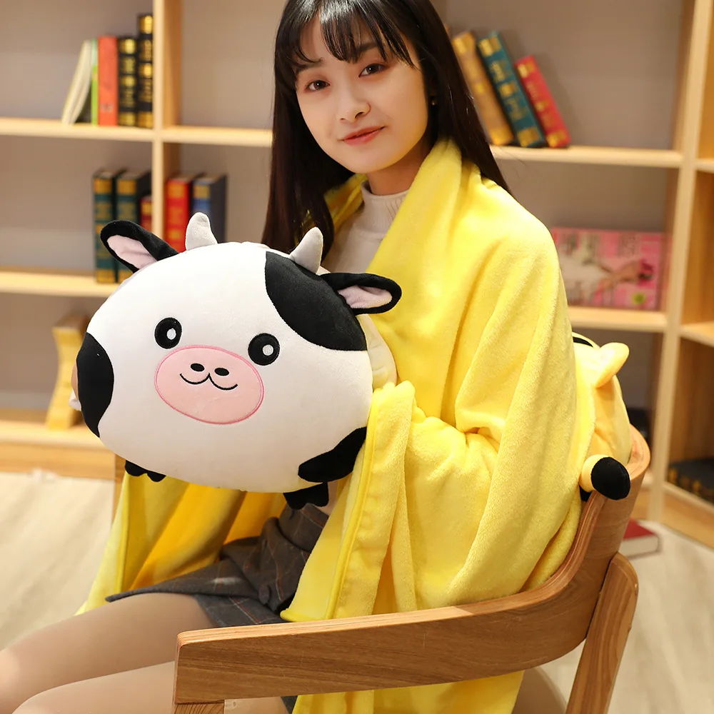 

New Hot Cute Cartoon Tiger Stuffed Animals Cow Pillow Three-in-one Lunch Break Blanket Office Blanket Air Conditioning Warm Hand