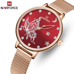 New Women Watch Top Luxury Brand NAVIFORCE Fashion Quartz Ladies Watches Gold Blue Steel Mesh Wristwatch Female Dress Girl Clock