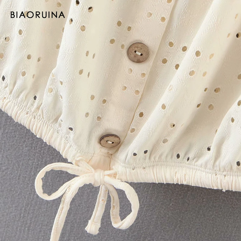 

BIAORUINA Women's Polka Dot Hollow Out Beige Single Breasted Fashion Short Shirt Blouse Slash Neck Half Sleeve
