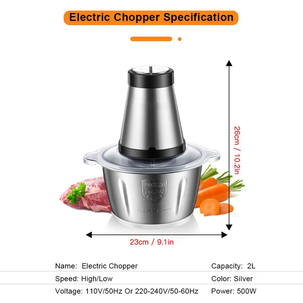 

2 Speeds 500W Stainless steel 2L Capacity Electric Chopper Meat Grinder Mincer Food Processor Slicer double blade food grinder