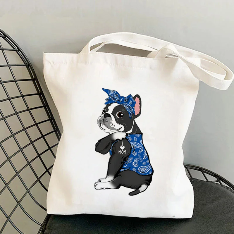 

Shopper Blue Bandanas Boston Terrier I LOVE MOM Printed Tote Bag women shopper handbag girl Shoulder shopping Lady Canvas Bag