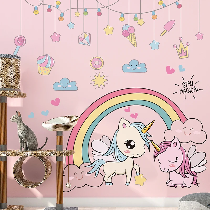 [SHIJUEHEZI] Мультяшные Животные наклейки на стену DIY Радужный Единорог настенные