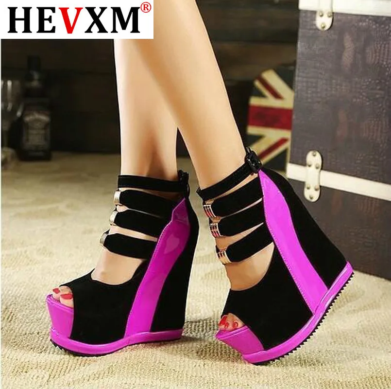 

Woman Shoes 2020 Summer Genuine Women Platform Thick Soles Sandals Wedges High Heel 14cm Peep Toe Mixed Colors Sexy Shoes