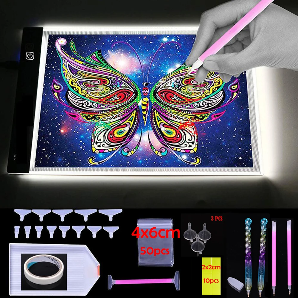 A4 LED Light Pad for Diamond Painting, USB Powered 5D Diamond Embroidery Accessories Light Board Tools tray Kit
