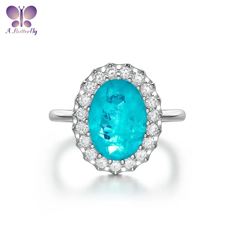 

925 Sterling Silver Colored Gemstone Halo Ring 10x14 MM 7 CT Oval Cut Synthetic Paraiba Jewelry Anniversary Gift