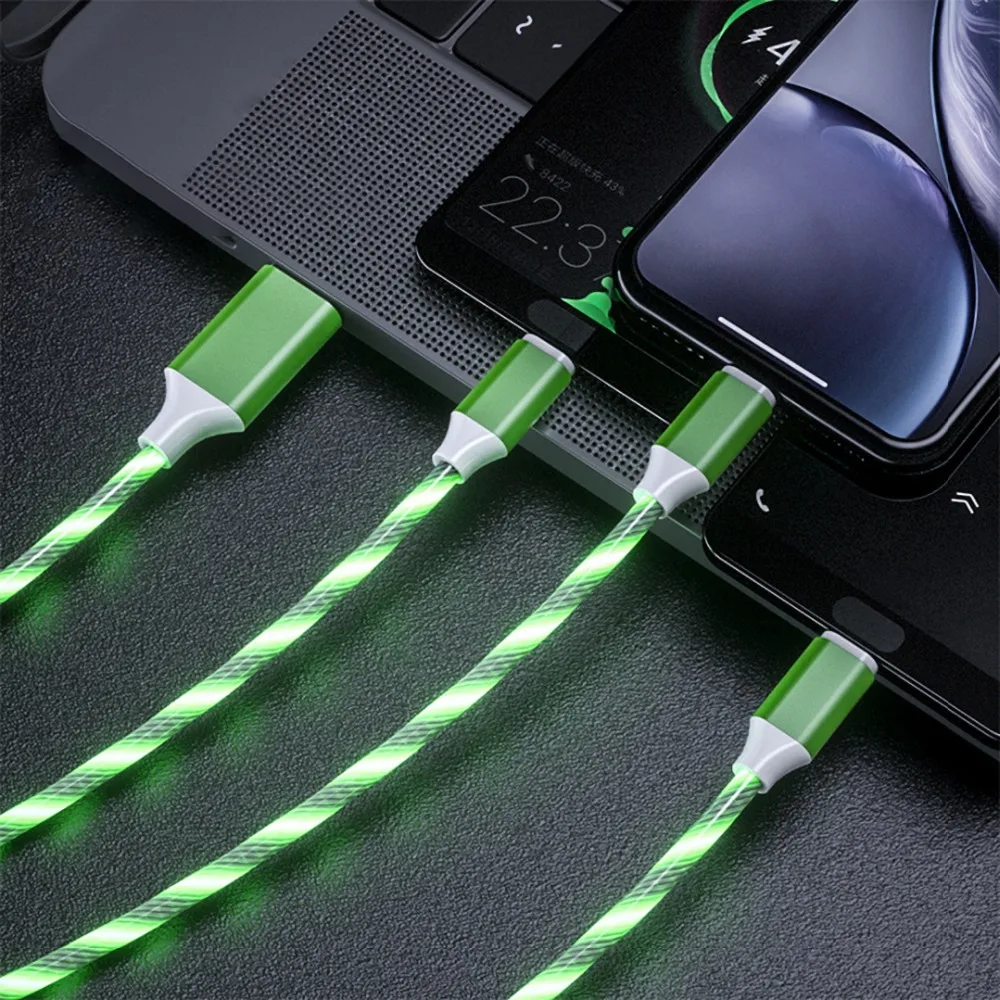 3 в 1 светящееся освещение потока кабель Быстрая зарядка Micro USB для iphone X 7 XR type C кабель зарядное устройство для samsung Android шнур для телефона