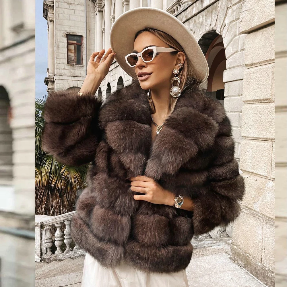 Luxury Women Natural Fox Fur Jacket with Turn-down Collar Fashion Dark Sable Color Genuine Full Pelt Fox Fur Coat Short Outwear enlarge
