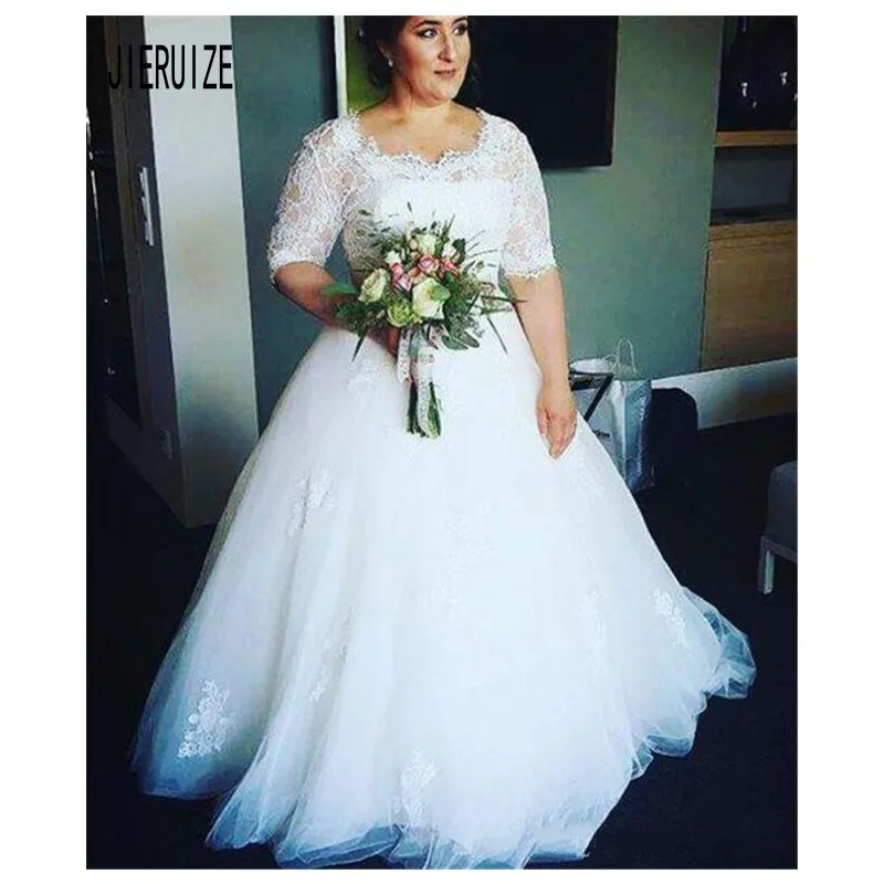 Элегантные свадебные платья JIERUIZE с круглым вырезом и полурукавами со шнуровкой