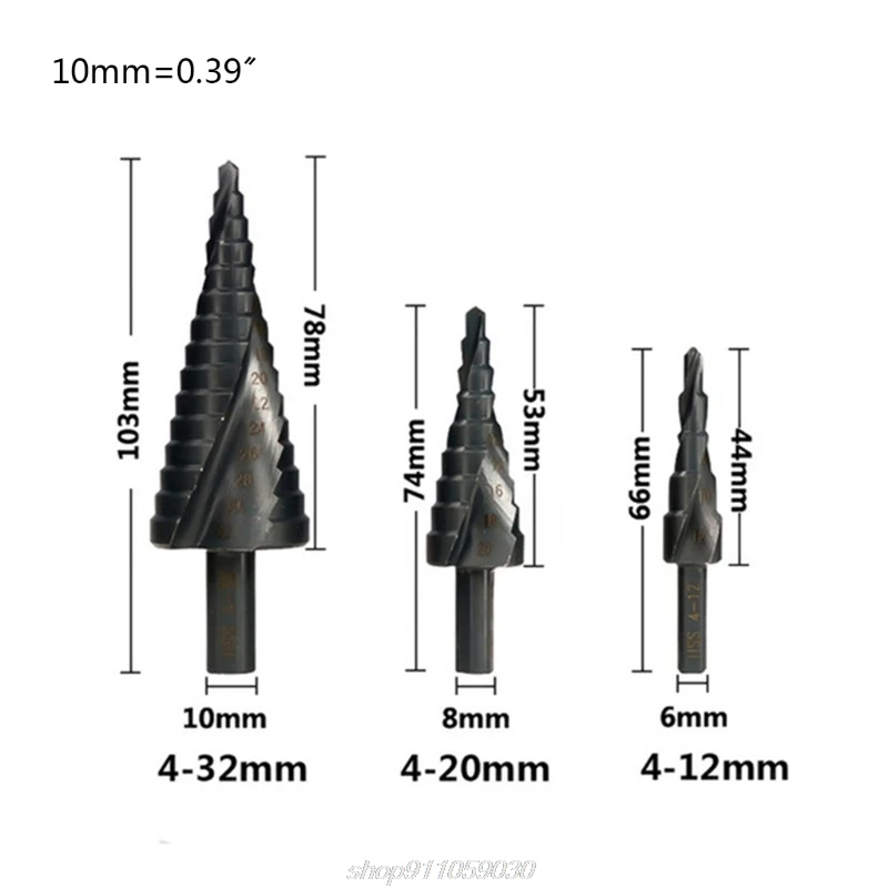 

3Pieces High Quality Hss Spiral Groove Titanium-Coated Step Drill for Perforated Metal Iron Aluminum Set Black M26 21 Dropship
