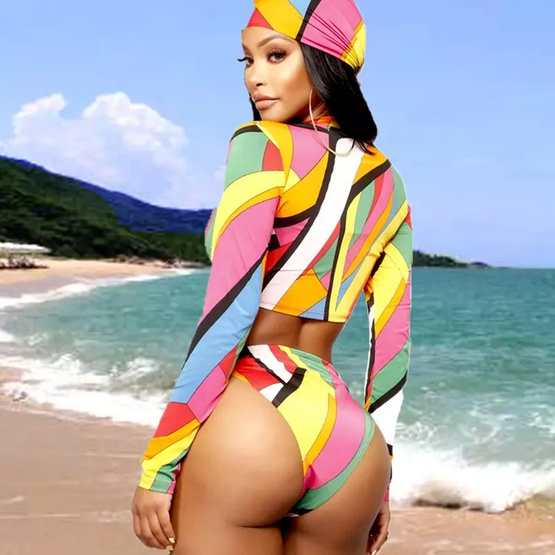 Женский купальник с длинным рукавом Цветочный комплект бикини пуш-ап на молнии