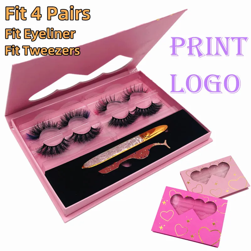 

Wholesale Print Logo 4 pairs Pink Eyelash Box Lash Packaging Boxes Custom Logo Fit eyeliner tweezers Mink Lashes Empty Package