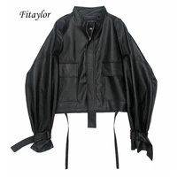 fitaylor 2021 new autumn women faux soft pu motorcycle leather jacket casual loose black faux leather punk zipper overcoat