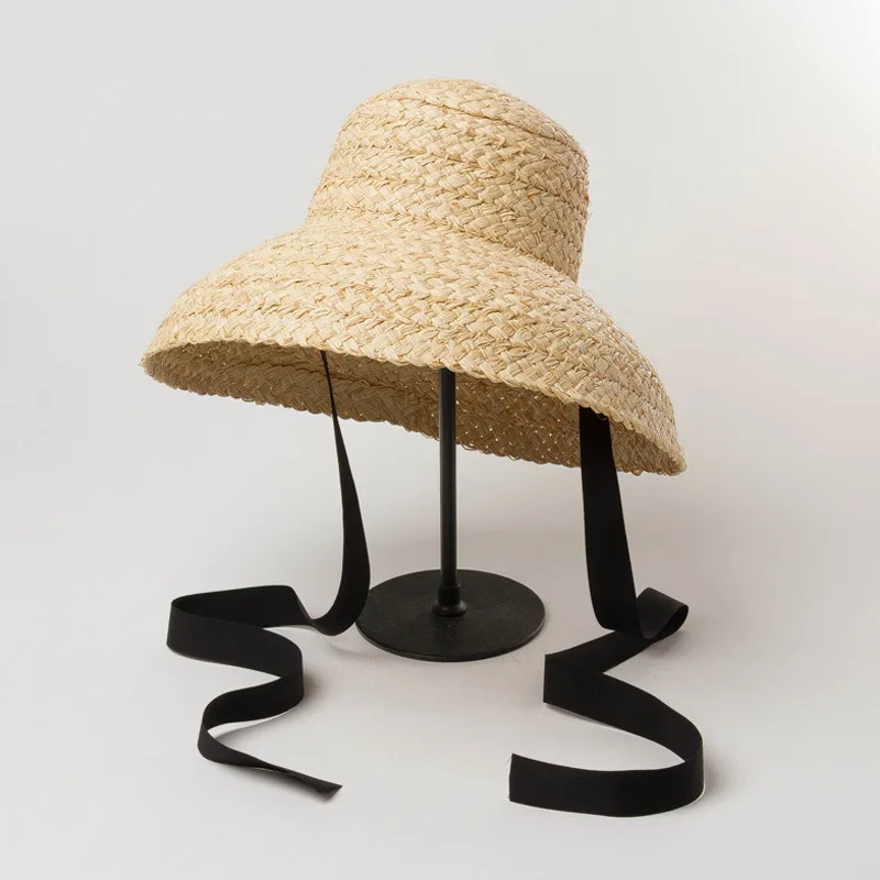 20205-HH7330  long ribbon Handmade raffia grass Hepburn style Lampshade shape lady  bucket  hat Outdoor women holiday beach  cap