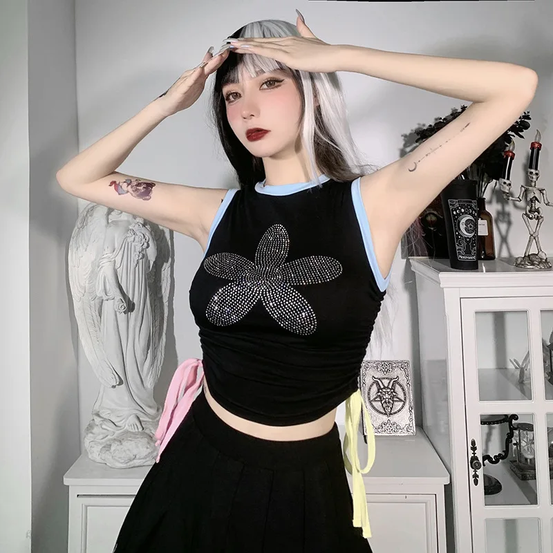 

Aesthetic Floral Diamond Tanks Gothic Bodycon Drawstring Women Crop Tops Harajuku Punk Contrast Color Ruched Tank Tops