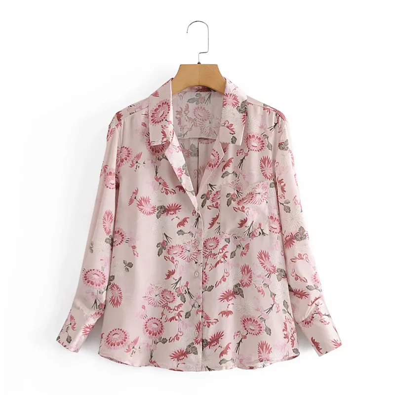 

Merodi Women Fashion Flower Print Mg Pink Spring Long Shirts Female Casual Turn-Down Collar Long Sleeve Pocket Loose Tops Chic