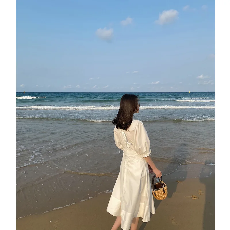 red same dress women's summer V-neck bubble sleeve fashion new thin temperament long A-line trend | Женская одежда