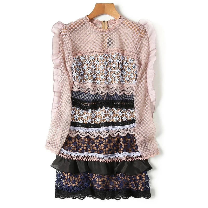 Женское кружевное платье с длинным рукавом модельное винтажное мини цветочным