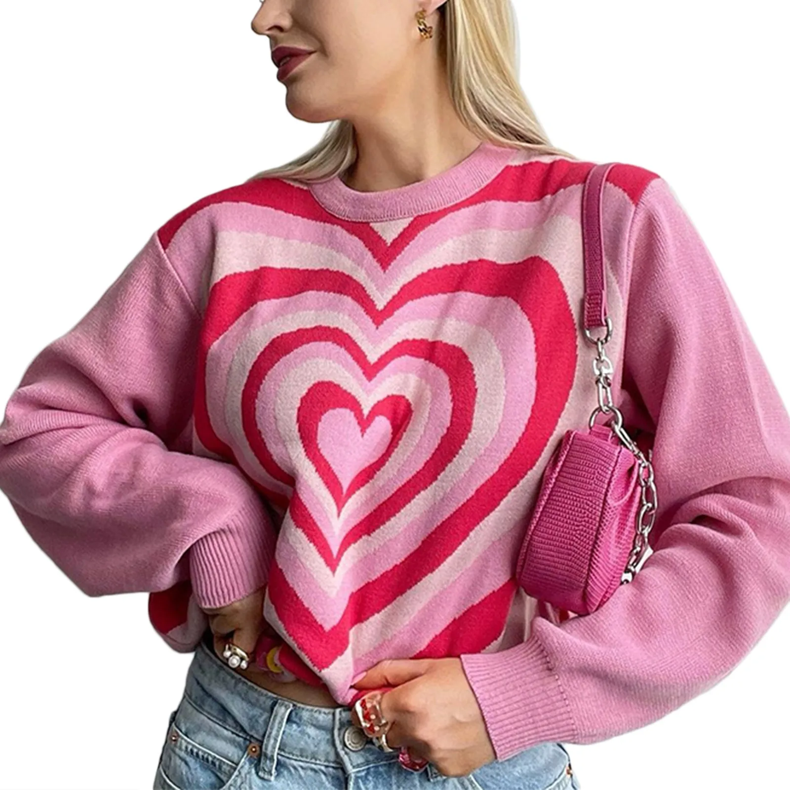 

Spring Fall Women's Round Neck Sweaters Sweet Heart Print Long Sleeve Casual Loose Knitted Pullover Tops Pink