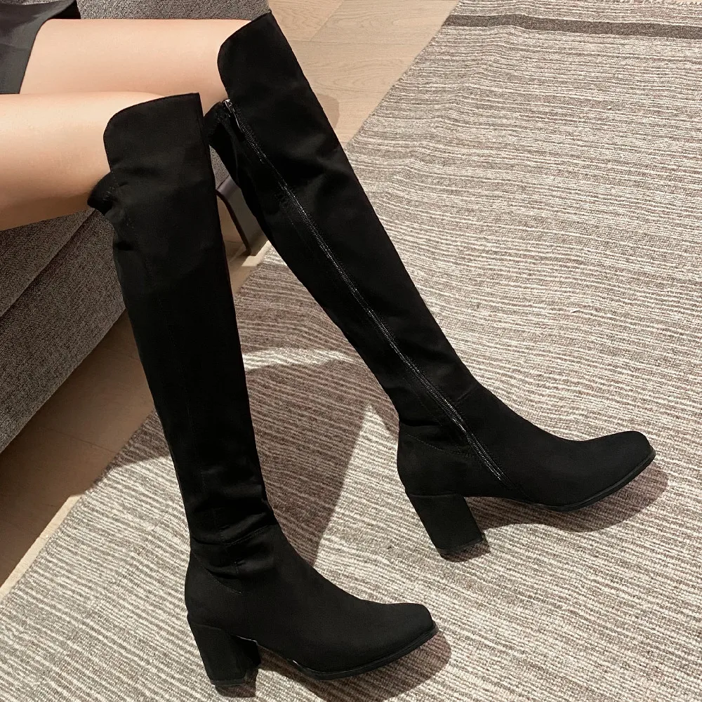 

Women's flock side zip med/high heel over the knee boots round toe black slim warm plush long winter boots high quality shoes