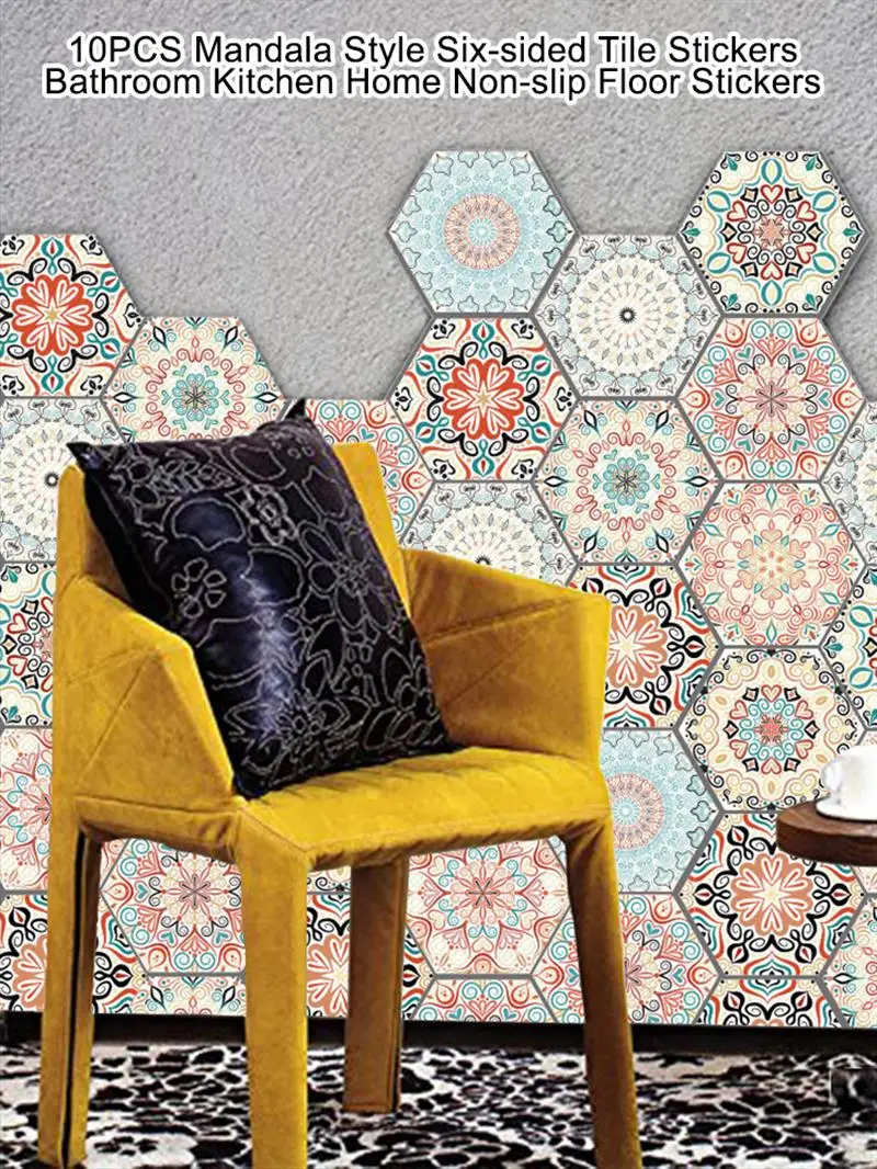 

10PCS Mandala Style Six-sided Tile Stickers Bathroom Kitchen Home Non-slip Floor Stickers DIY Mosaic Wall Stickers