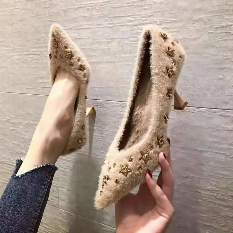 

2021 New Fashion Autumn and Winter High Heels Fluffy Suede Warm Fashion High Quality Mature Women's Shoes Durable Hot Deal