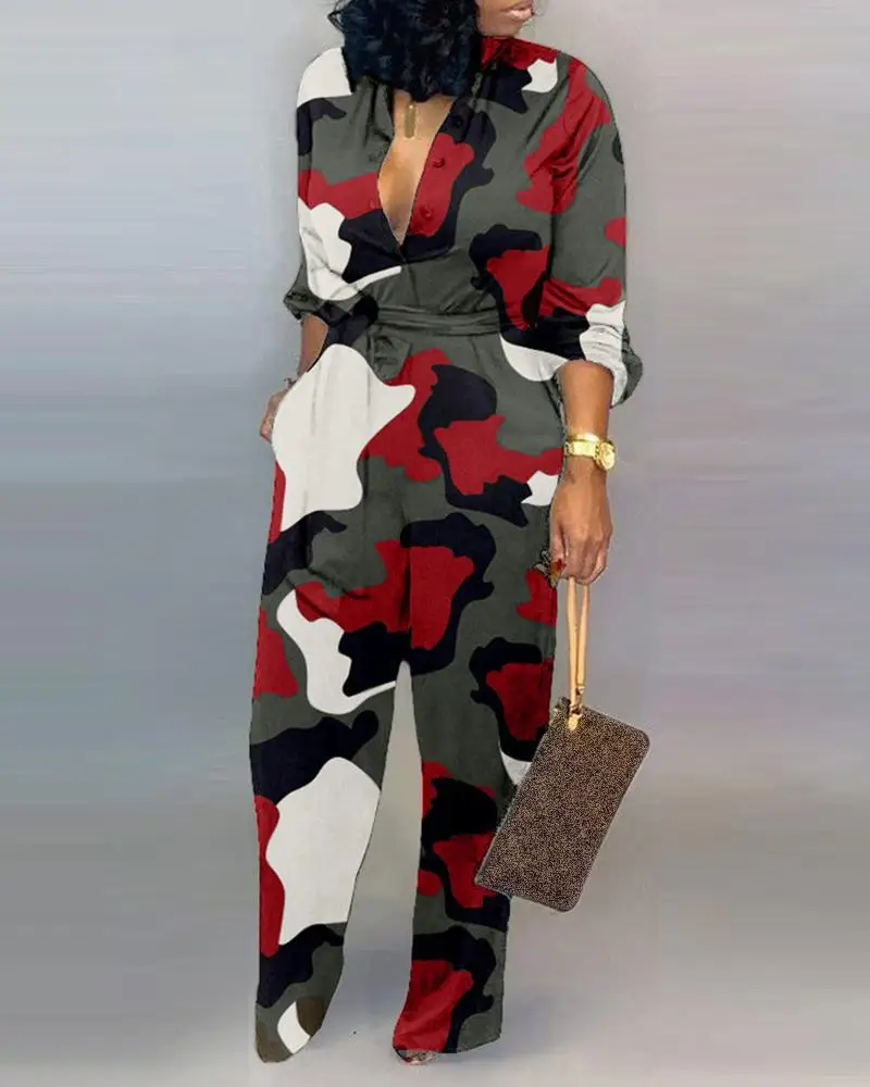 Women V Neck Camouflage Print Buttoned Jumpsuit Long Sleeve Rompers Party Club Jumpsuits