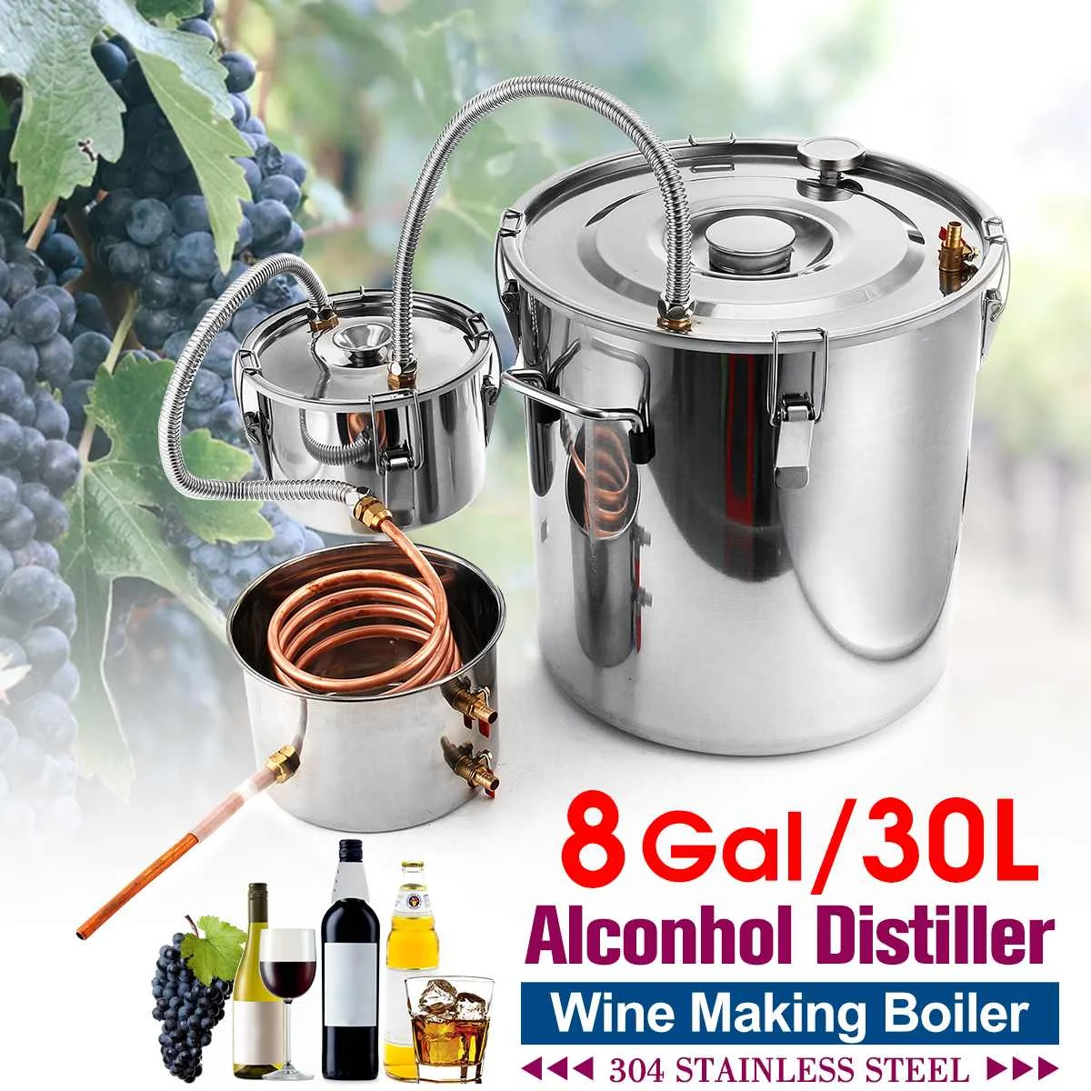 

8 Gallon Home DIY Distiller Moonshine Alcohol Stainless Copper Alcohol Whisky Water Wine Essential Oil Brewing Kit With Boiler