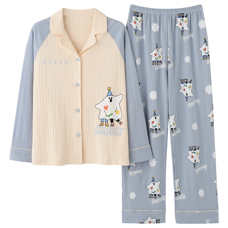 

BZEL Sweet Lovely Women's Pajama Set Soft Comfort Cotton Sleepwear Casual Home Wear Blue Pijama Cartoon Pyjamas Loose Nightwear