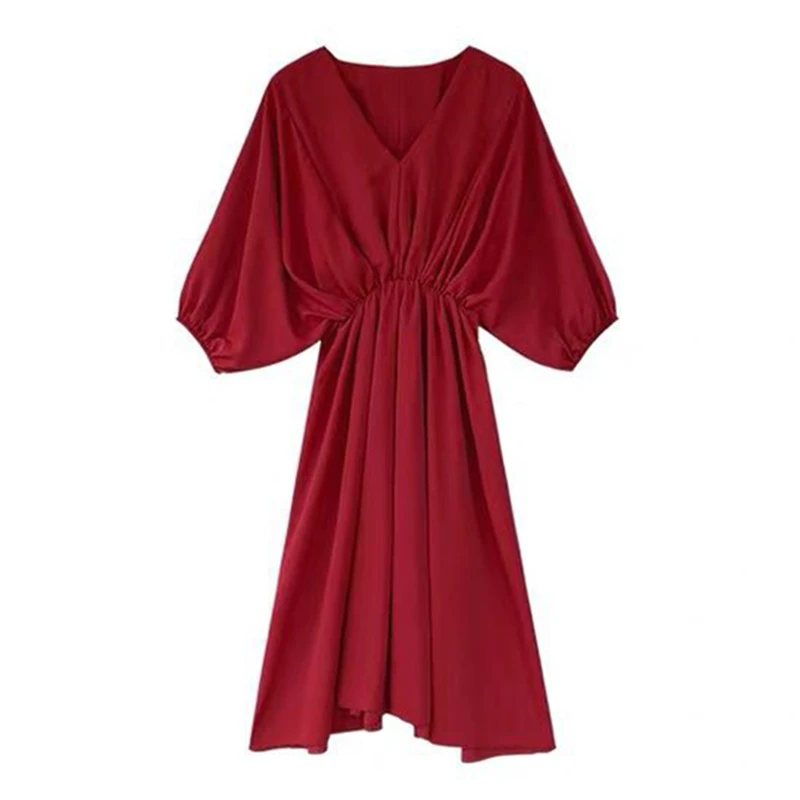 Модное однотонное женское платье с V-образным вырезом весеннее элегантное