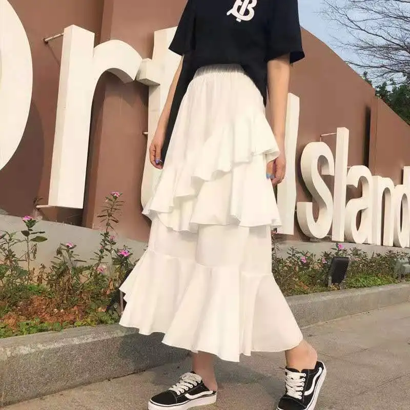 

Korean Style Midi Skirts Womens Maxi Skirt Goth Lolita Summer High Waist Asymmetrical High Low Ruched Black White Ruffle Skirt