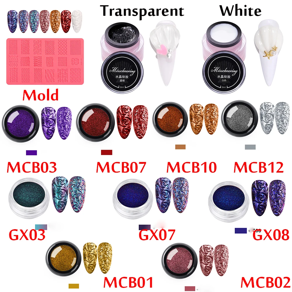 

3D Relief Soft Silicone Nail Carving Mold/Nail Glitter/Glue Set Nail Sculpture Stamping Stencils DIY UV Gel Nail Art Accessories