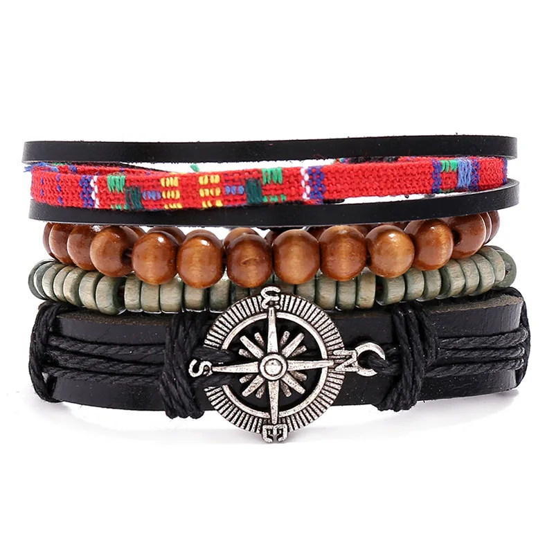 

4Pcs/Set Retro Braided Cowhide Bracelet Diy Set Multi-layer Hemp Rope Wooden Bead Bracelet