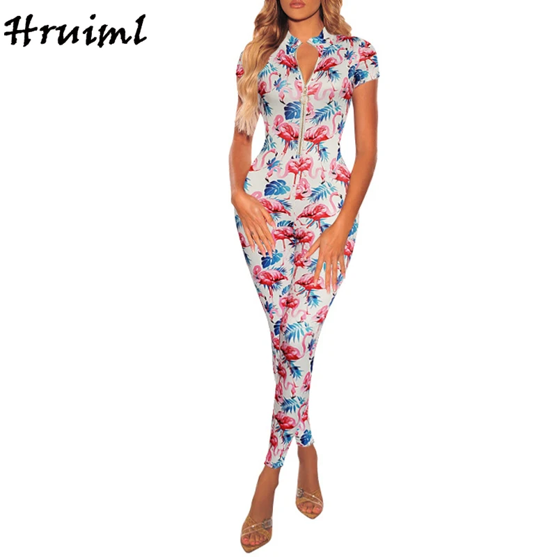 

One Piece Jumpsuit Fall Clothes for Women 2020 Fashion Sexy Summer Print Romper Short Sleeve Zipper Bodysuit Overalls Outfits