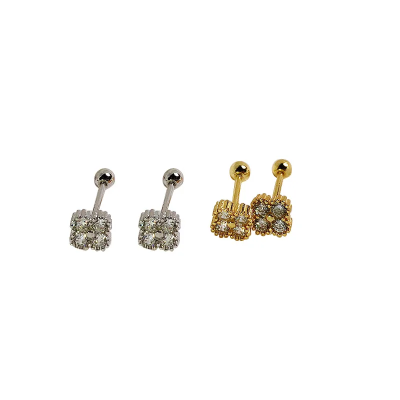 

S925 Sterling Silver Four-Leaf Clover Multi-Drilling Screw Stud Earrings Bone Studs Zircon Clover Two-Headed Earrings Female